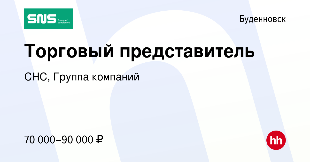 Вакансия Торговый представитель в Буденновске, работа в компании СНС,  Группа компаний (вакансия в архиве c 9 августа 2023)