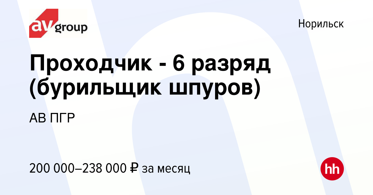 Вакансия Проходчик - 6 разряд (бурильщик шпуров) в Норильске, работа в  компании АВ ПГР (вакансия в архиве c 30 ноября 2022)