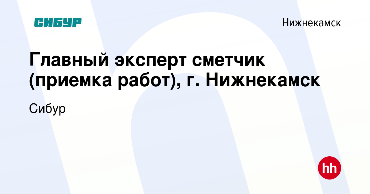 Вакансия Главный эксперт сметчик (приемка работ), г. Нижнекамск в  Нижнекамске, работа в компании Сибур (вакансия в архиве c 1 декабря 2022)