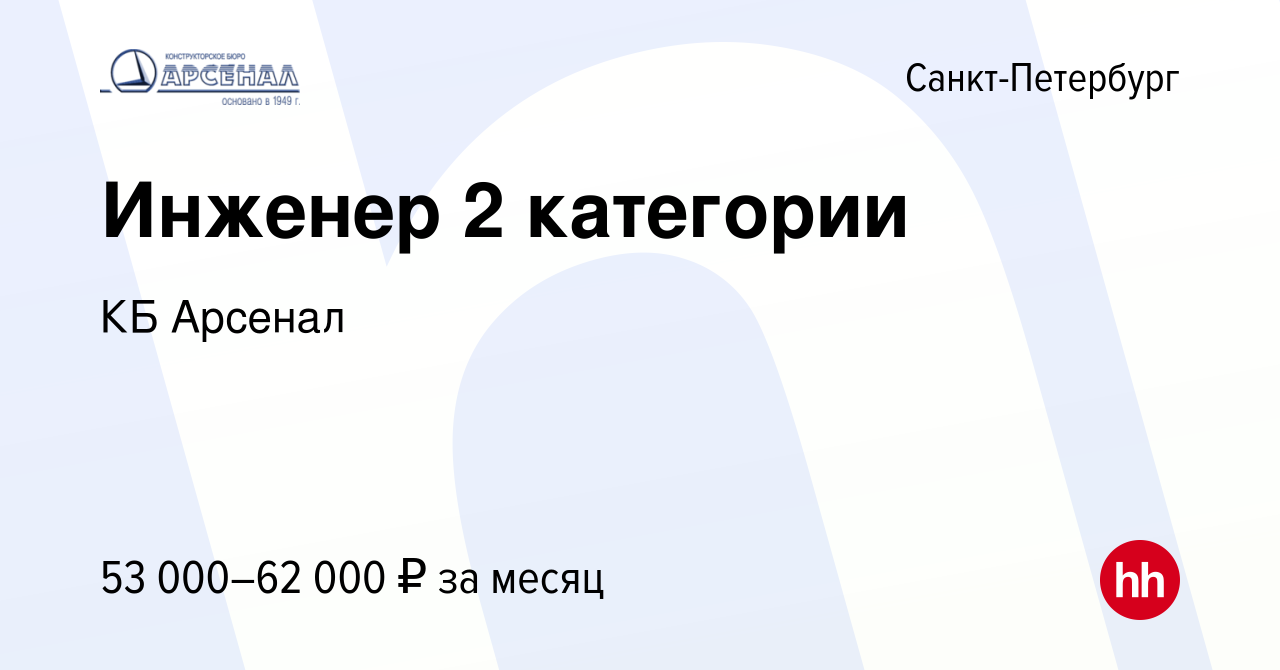 Вакансия Инженер 2 категории в Санкт-Петербурге, работа в компании КБ  Арсенал (вакансия в архиве c 8 октября 2023)