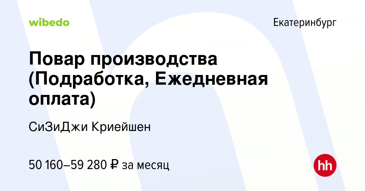 Вакансия Повар производства (Подработка, Ежедневная оплата) в Екатеринбурге,  работа в компании СиЗиДжи Криейшен (вакансия в архиве c 2 февраля 2023)