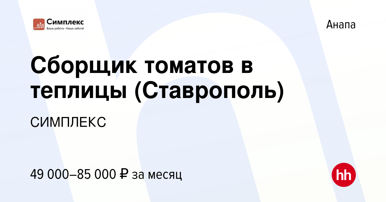 Вакансия Сборщик томатов в теплицы (Ставрополь) в Анапе, работа в компании  СИМПЛЕКС (вакансия в архиве c 10 января 2023)