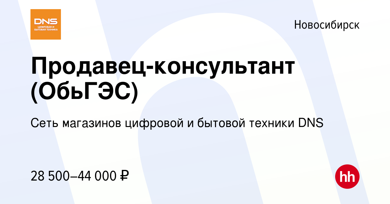 Вакансия Продавец-консультант (ОбьГЭС) в Новосибирске, работа в компании  Сеть магазинов цифровой и бытовой техники DNS (вакансия в архиве c 15  января 2023)