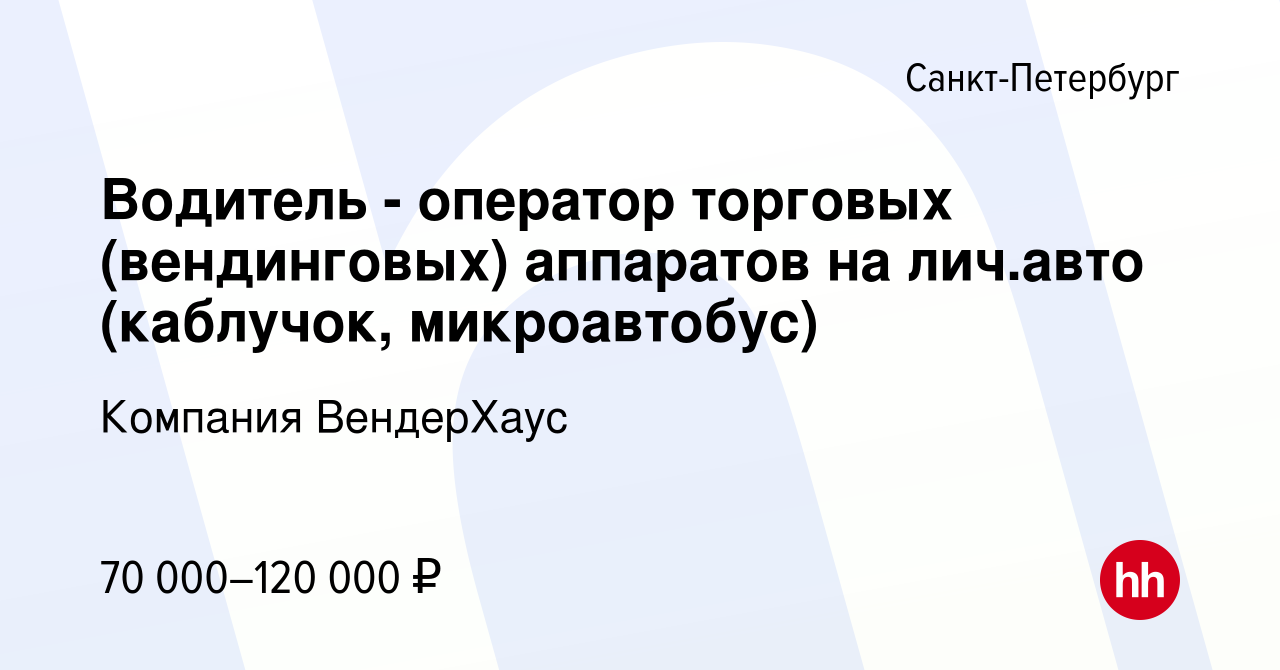 Вакансия Водитель - оператор торговых (вендинговых) аппаратов на лич.авто ( каблучок, микроавтобус) в Санкт-Петербурге, работа в компании Компания  ВендерХаус (вакансия в архиве c 28 января 2023)