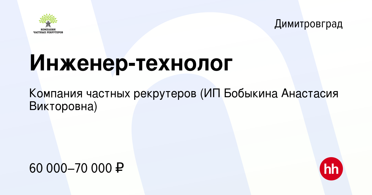 Вакансия Инженер-технолог в Димитровграде, работа в компании Компания  частных рекрутеров (ИП Бобыкина Анастасия Викторовна) (вакансия в архиве c  30 января 2023)