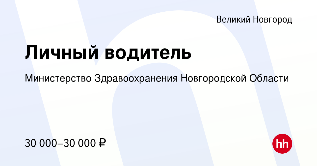 Вакансия Личный водитель в Великом Новгороде, работа в компании  Министерство Здравоохранения Новгородской Области (вакансия в архиве c 16  января 2023)