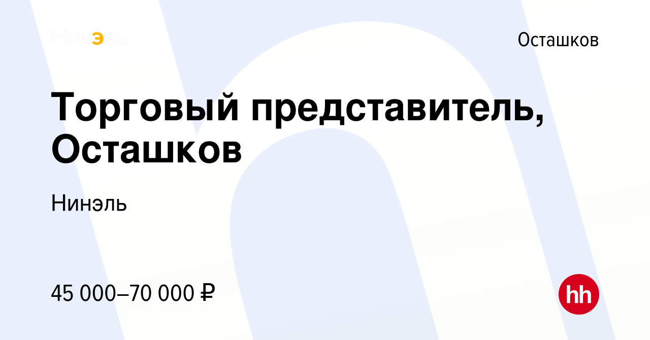 Вакансия Торговый представитель, Осташков в Осташкове, работа в компании  Нинэль (вакансия в архиве c 2 февраля 2023)