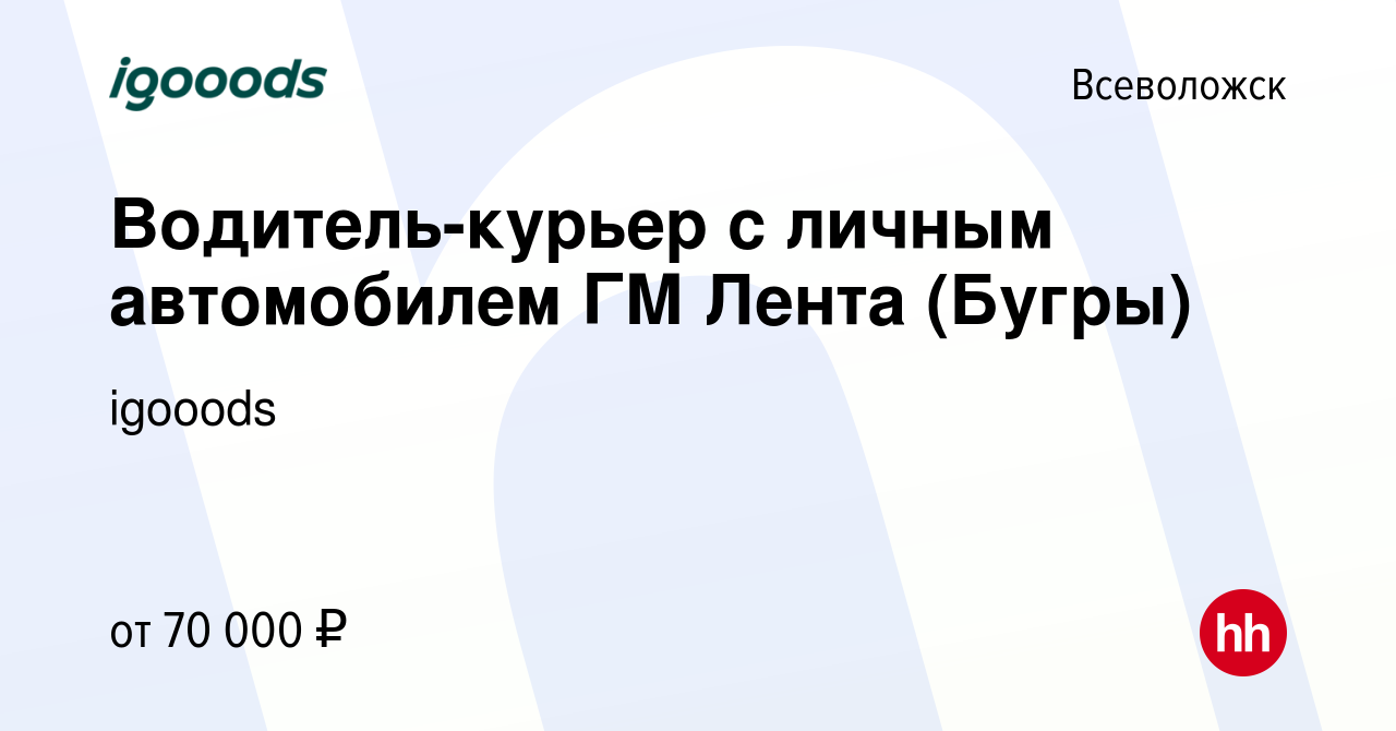 Вакансия Водитель-курьер с личным автомобилем ГМ Лента (Бугры) во  Всеволожске, работа в компании igooods (вакансия в архиве c 9 февраля 2023)