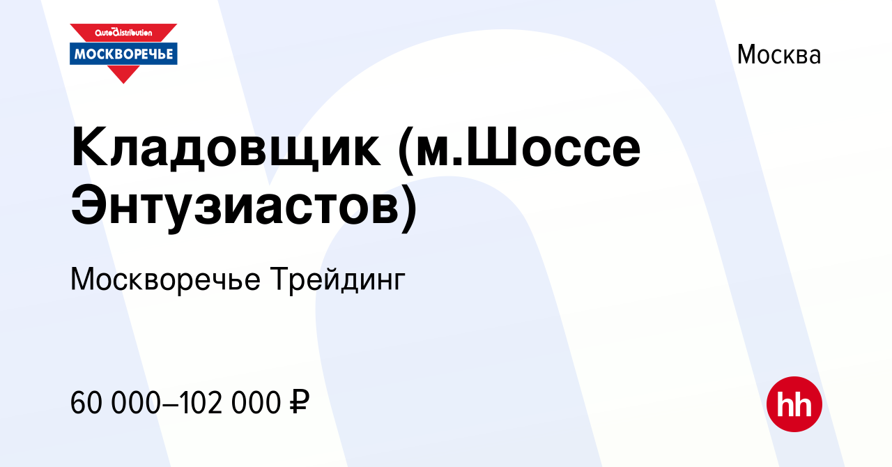 Вакансия Кладовщик (м.Шоссе Энтузиастов) в Москве, работа в компании  Москворечье Трейдинг (вакансия в архиве c 29 августа 2023)