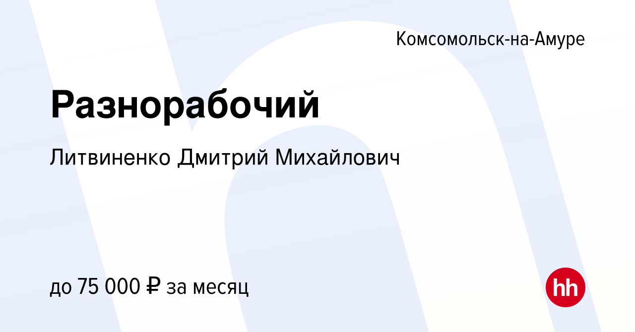 Вакансия Разнорабочий в Комсомольске-на-Амуре, работа в компании Литвиненко  Дмитрий Михайлович (вакансия в архиве c 17 февраля 2023)