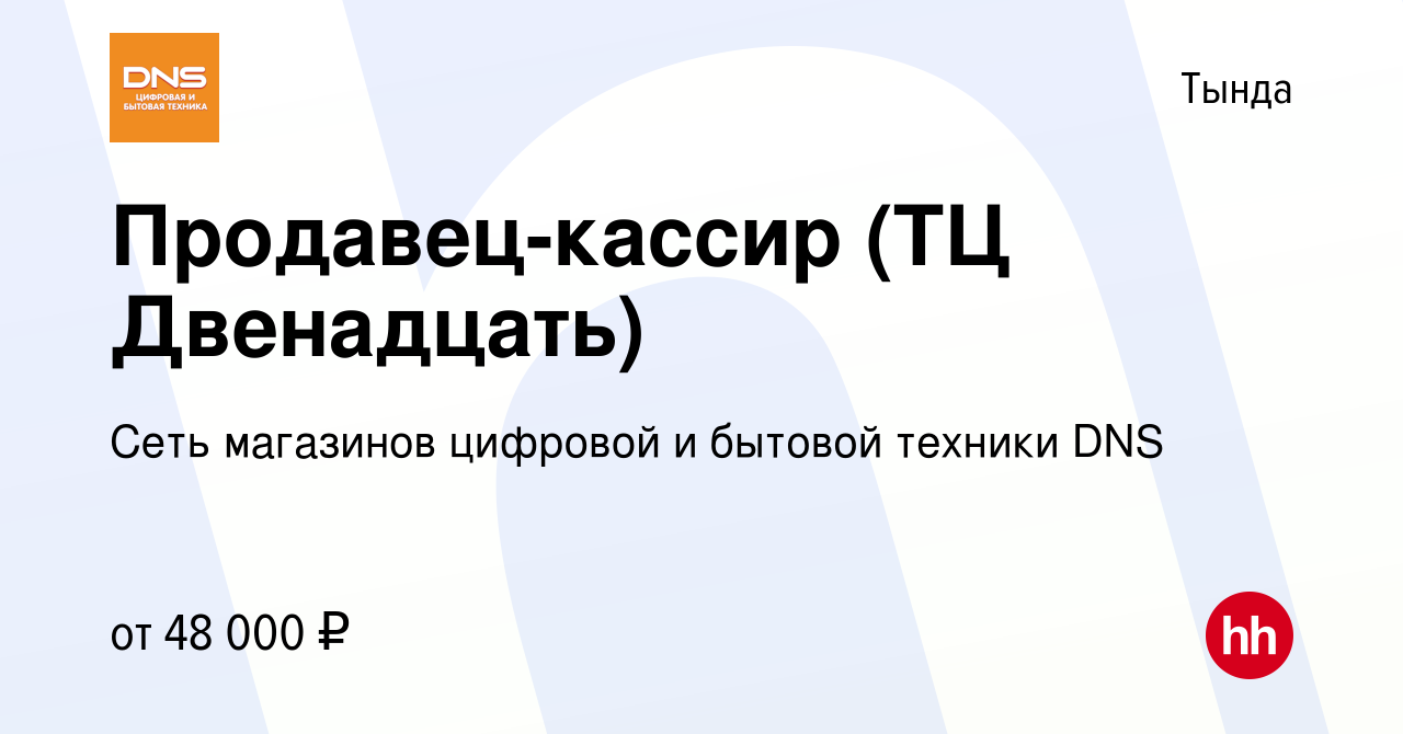 Вакансия Продавец-кассир (ТЦ Двенадцать) в Тынде, работа в компании Сеть  магазинов цифровой и бытовой техники DNS (вакансия в архиве c 16 марта 2023)