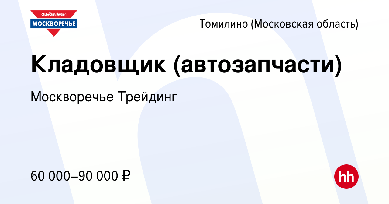 Вакансия Кладовщик (автозапчасти) в Томилино, работа в компании Москворечье  Трейдинг (вакансия в архиве c 27 марта 2023)