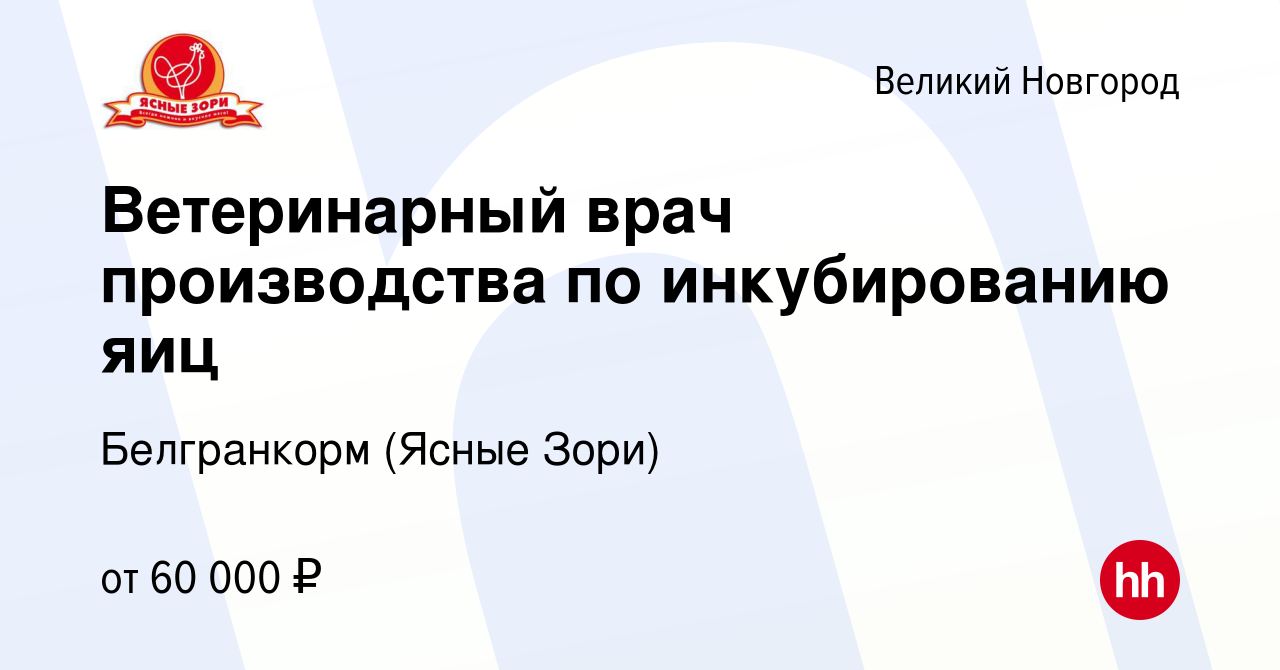 Вакансия Ветеринарный врач производства по инкубированию яиц в Великом  Новгороде, работа в компании Белгранкорм (Ясные Зори) (вакансия в архиве c  2 апреля 2023)