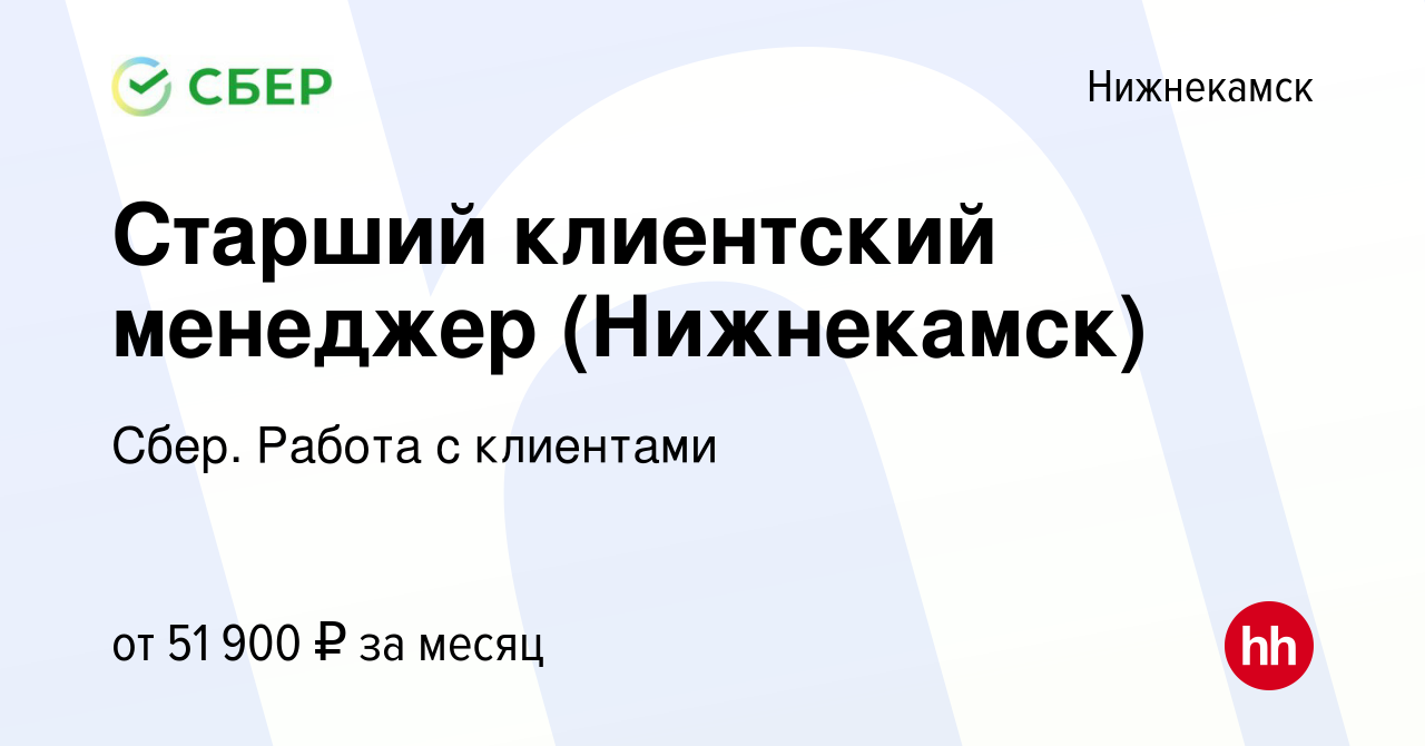 Вакансия Старший клиентский менеджер (Нижнекамск) в Нижнекамске, работа в  компании Сбер. Работа с клиентами (вакансия в архиве c 26 января 2024)