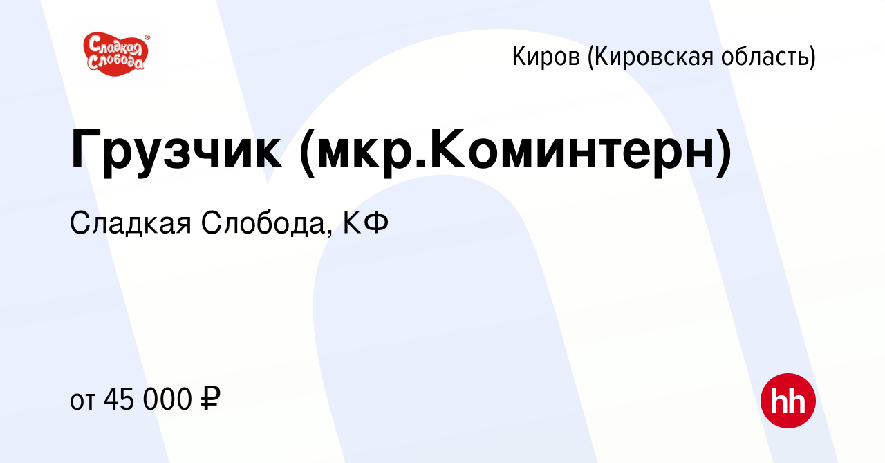 Вакансия Грузчик (мкр.Коминтерн) в Кирове (Кировская область), работа в  компании Сладкая Слобода, КФ (вакансия в архиве c 3 июня 2023)