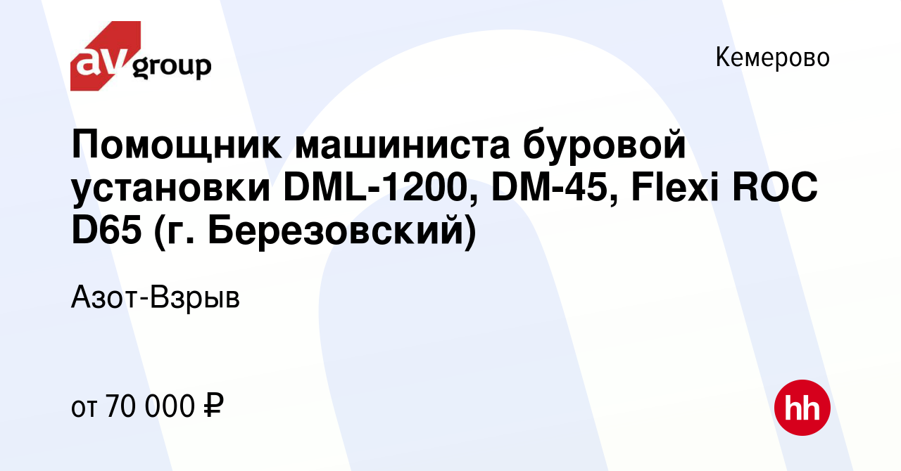 Вакансия Помощник машиниста буровой установки DML-1200, DM-45, Flexi ROC  D65 (г. Березовский) в Кемерове, работа в компании Азот-Взрыв (вакансия в  архиве c 8 июня 2023)