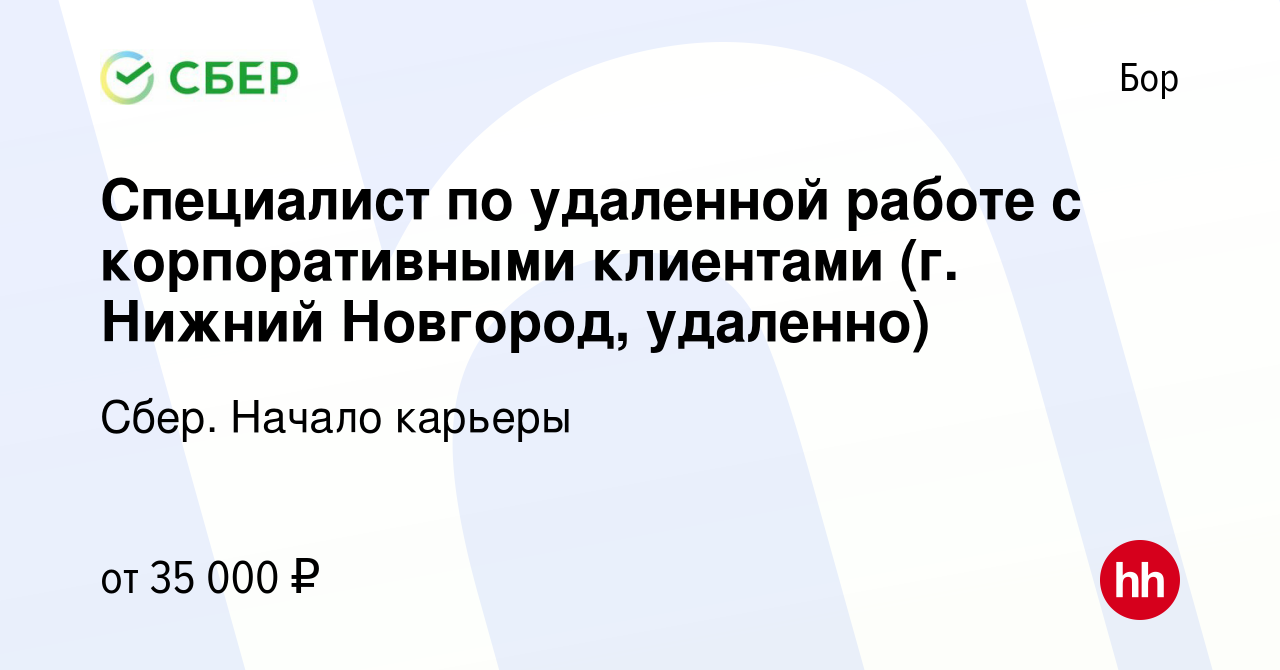 Вакансия Специалист по удаленной работе с корпоративными клиентами (г.  Нижний Новгород, удаленно) на Бору, работа в компании Сбер. Начало карьеры  (вакансия в архиве c 31 марта 2023)