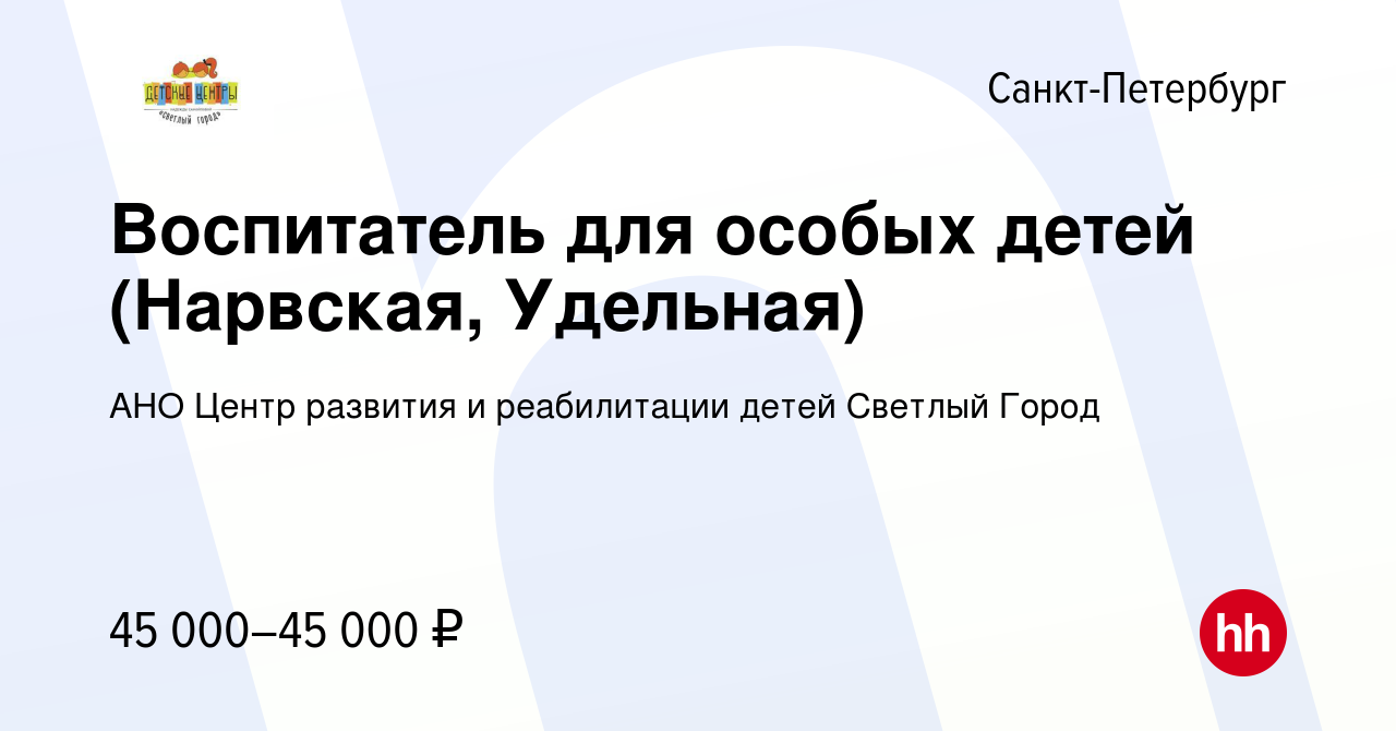 Вакансия Воспитатель для особых детей (Нарвская, Удельная) в Санкт- Петербурге, работа в компании АНО Центр развития и реабилитации детей  Светлый Город (вакансия в архиве c 13 мая 2023)