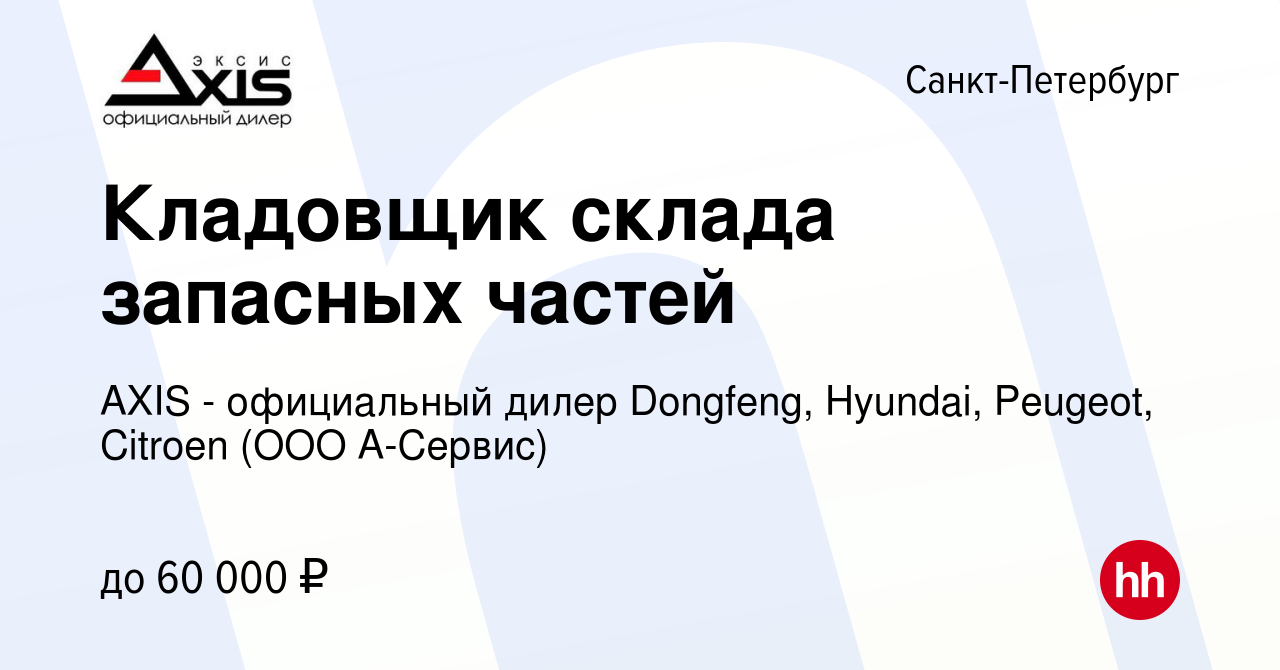 Вакансия Кладовщик склада запасных частей в Санкт-Петербурге, работа в  компании AXIS - официальный дилер Dongfeng, Hyundai, Peugeot, Citroen (ООО  А-Сервис) (вакансия в архиве c 29 марта 2023)