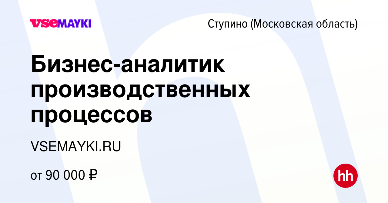 Вакансия Бизнес-аналитик производственных процессов в Ступино, работа в  компании VSEMAYKI.RU (вакансия в архиве c 2 июня 2023)