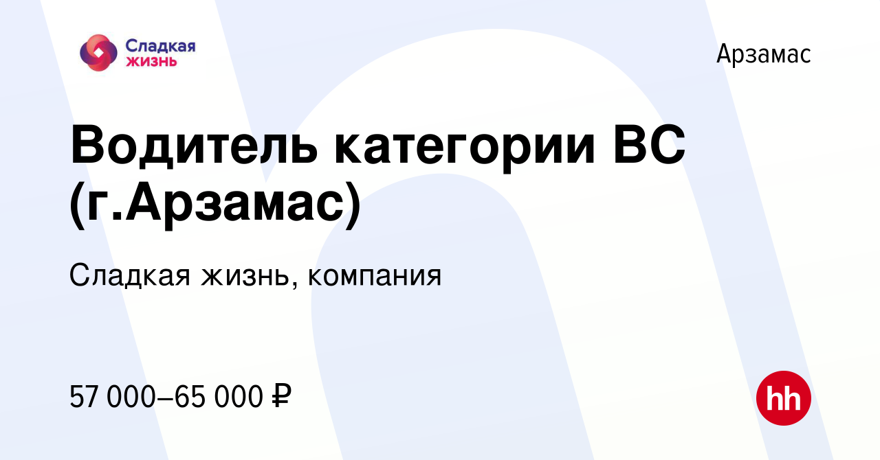 Вакансия Водитель категории ВС (г.Арзамас) в Арзамасе, работа в компании  Сладкая жизнь, компания (вакансия в архиве c 21 ноября 2023)