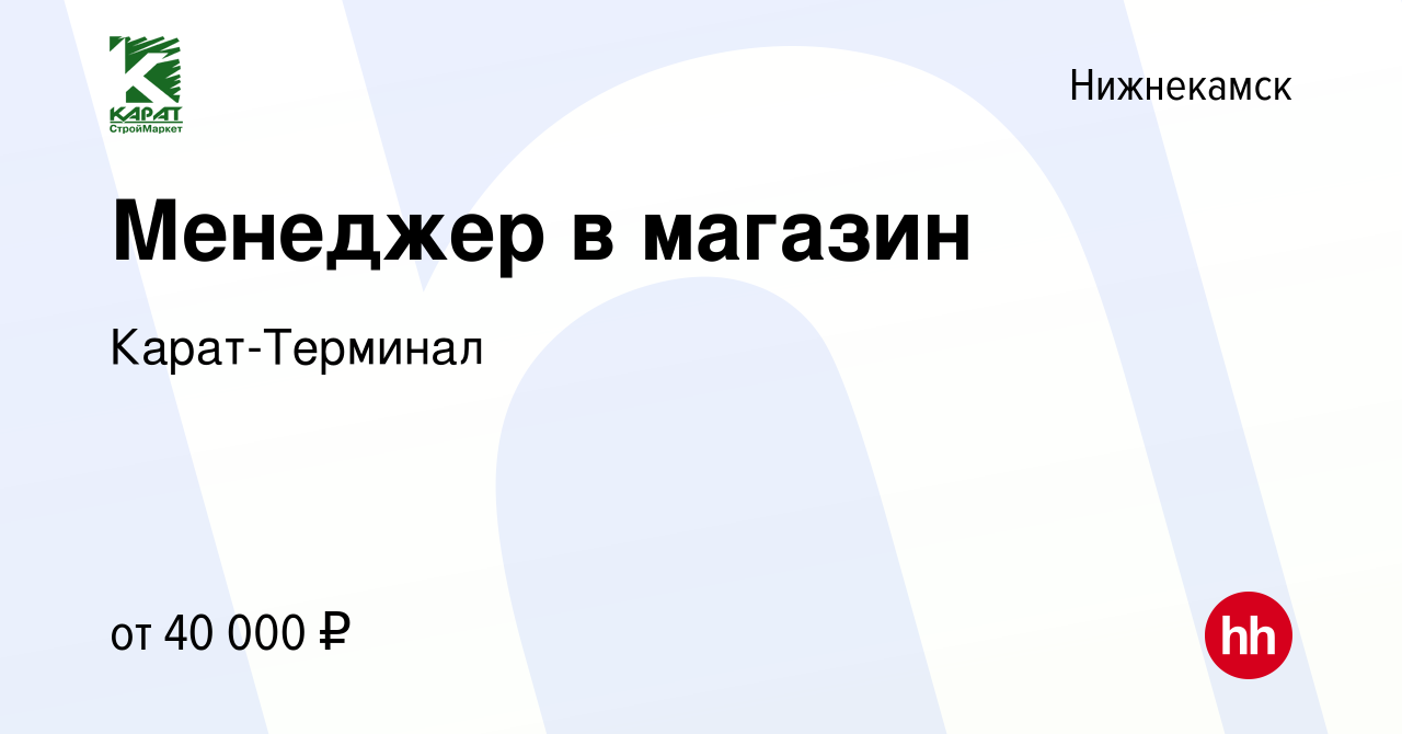 Вакансия Менеджер в магазин в Нижнекамске, работа в компании Карат-Терминал  (вакансия в архиве c 10 мая 2023)