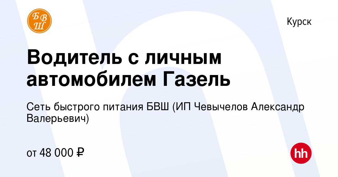 Вакансия Водитель с личным автомобилем Газель в Курске, работа в компании  Сеть быстрого питания БВШ (ИП Чевычелов Александр Валерьевич) (вакансия в  архиве c 5 мая 2023)