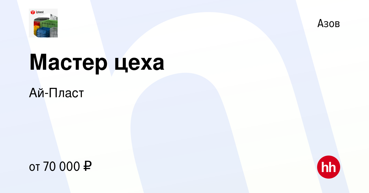 Вакансия Мастер цеха в Азове, работа в компании Ай-Пласт (вакансия в архиве  c 14 мая 2023)