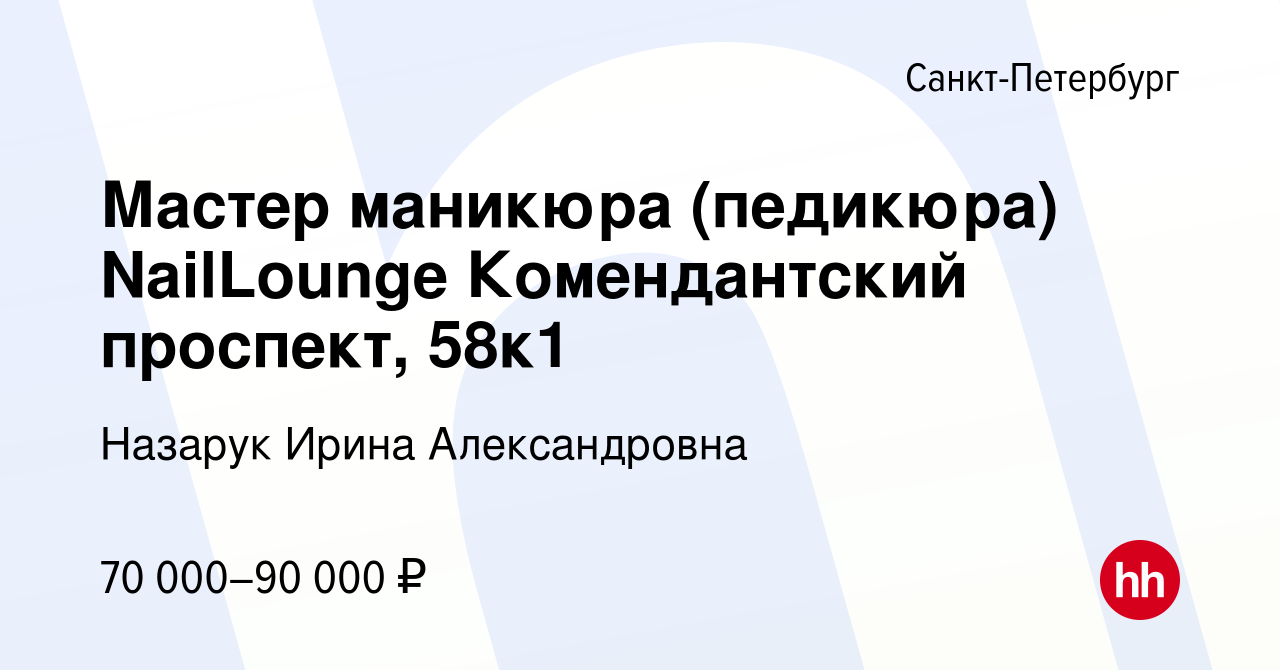 Вакансия Мастер маникюра (педикюра) NailLounge Комендантский проспект, 58к1  в Санкт-Петербурге, работа в компании Назарук Ирина Александровна (вакансия  в архиве c 17 мая 2023)