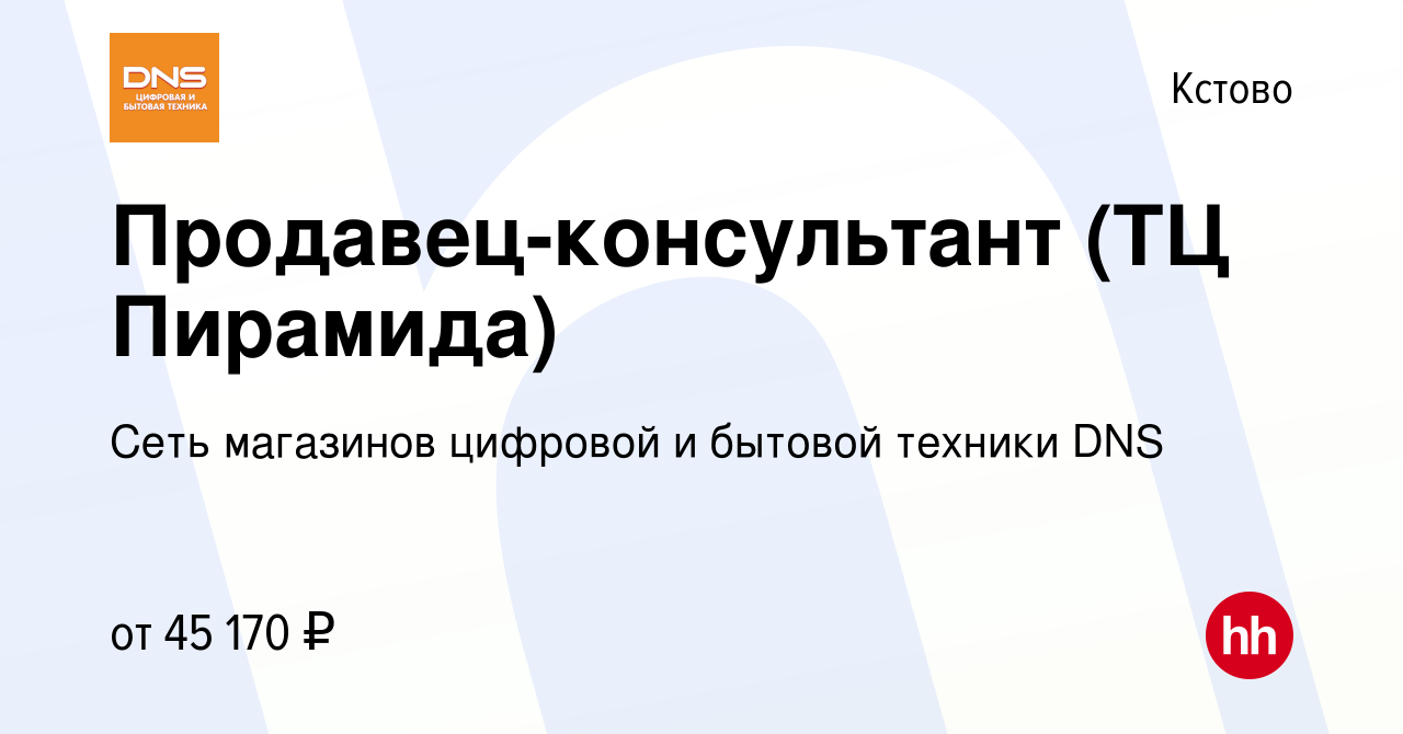 Вакансия Продавец-консультант (ТЦ Пирамида) в Кстово, работа в компании  Сеть магазинов цифровой и бытовой техники DNS (вакансия в архиве c 20  апреля 2023)