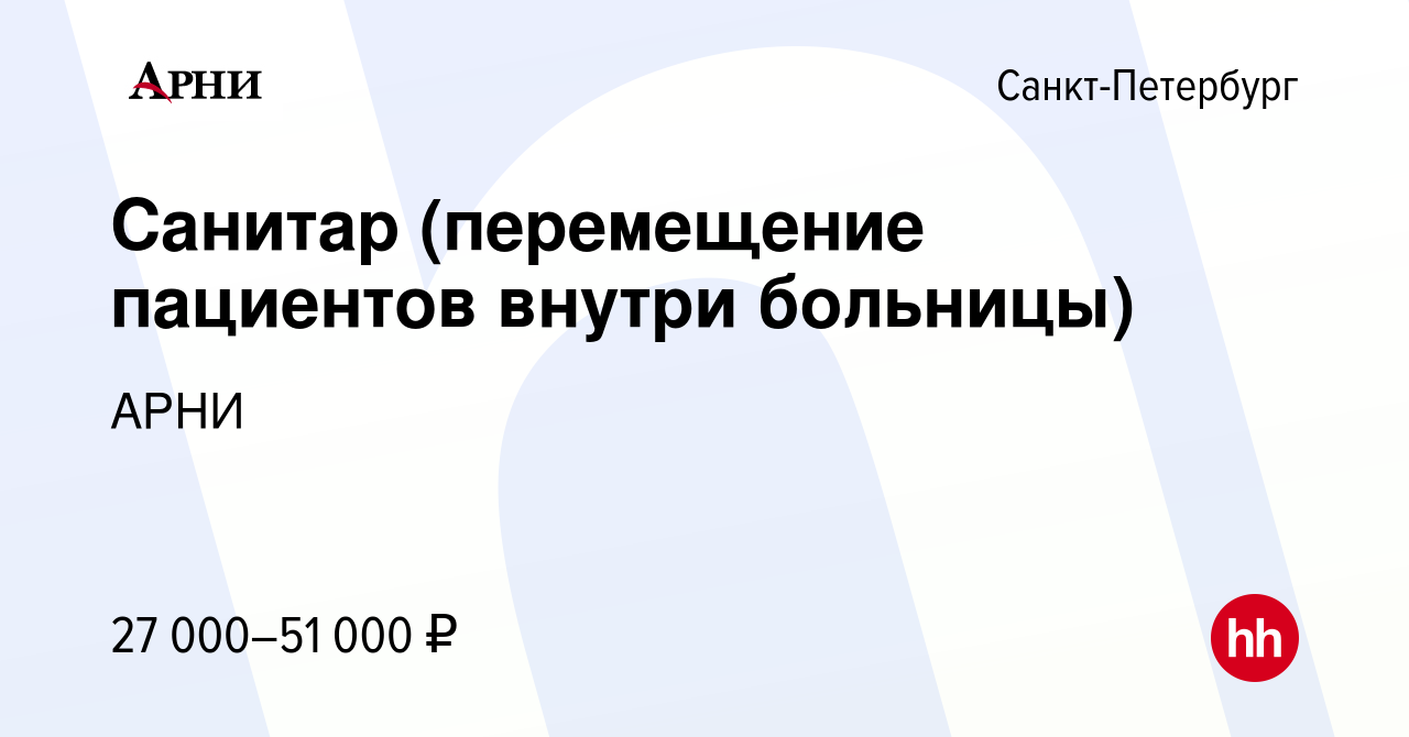 Вакансия Санитар (перемещение пациентов внутри больницы) в  Санкт-Петербурге, работа в компании АРНИ (вакансия в архиве c 20 мая 2023)