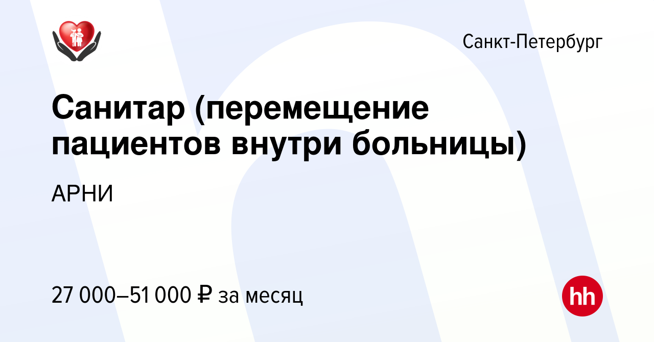 Вакансия Санитар (перемещение пациентов внутри больницы) в Санкт-Петербурге,  работа в компании АРНИ (вакансия в архиве c 20 мая 2023)