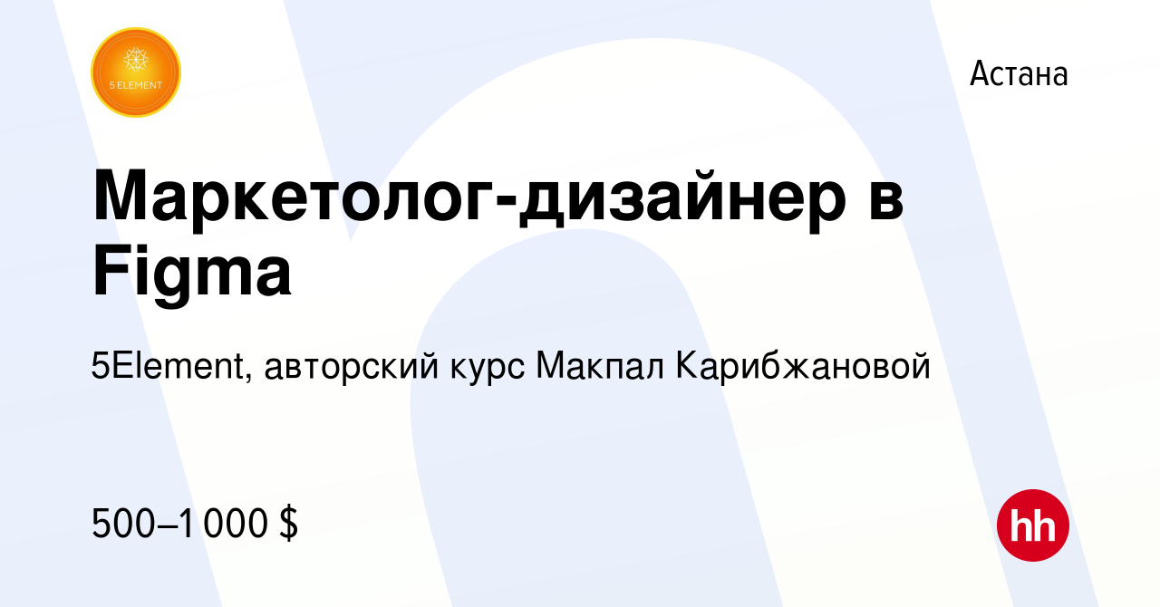 Вакансия Маркетолог-дизайнер в Figma в Астане, работа в компании 5Element,  авторский курс Макпал Карибжановой (вакансия в архиве c 23 мая 2023)