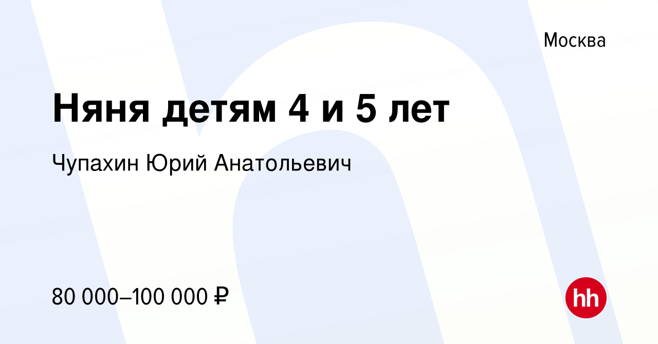 Вакансия Няня детям 4 и 5 лет в Москве, работа в компании Чупахин Юрий  Анатольевич (вакансия в архиве c 23 мая 2023)