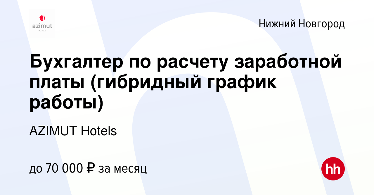 Вакансия Бухгалтер по расчету заработной платы (гибридный график работы) в  Нижнем Новгороде, работа в компании AZIMUT Hotels (вакансия в архиве c 11  февраля 2024)