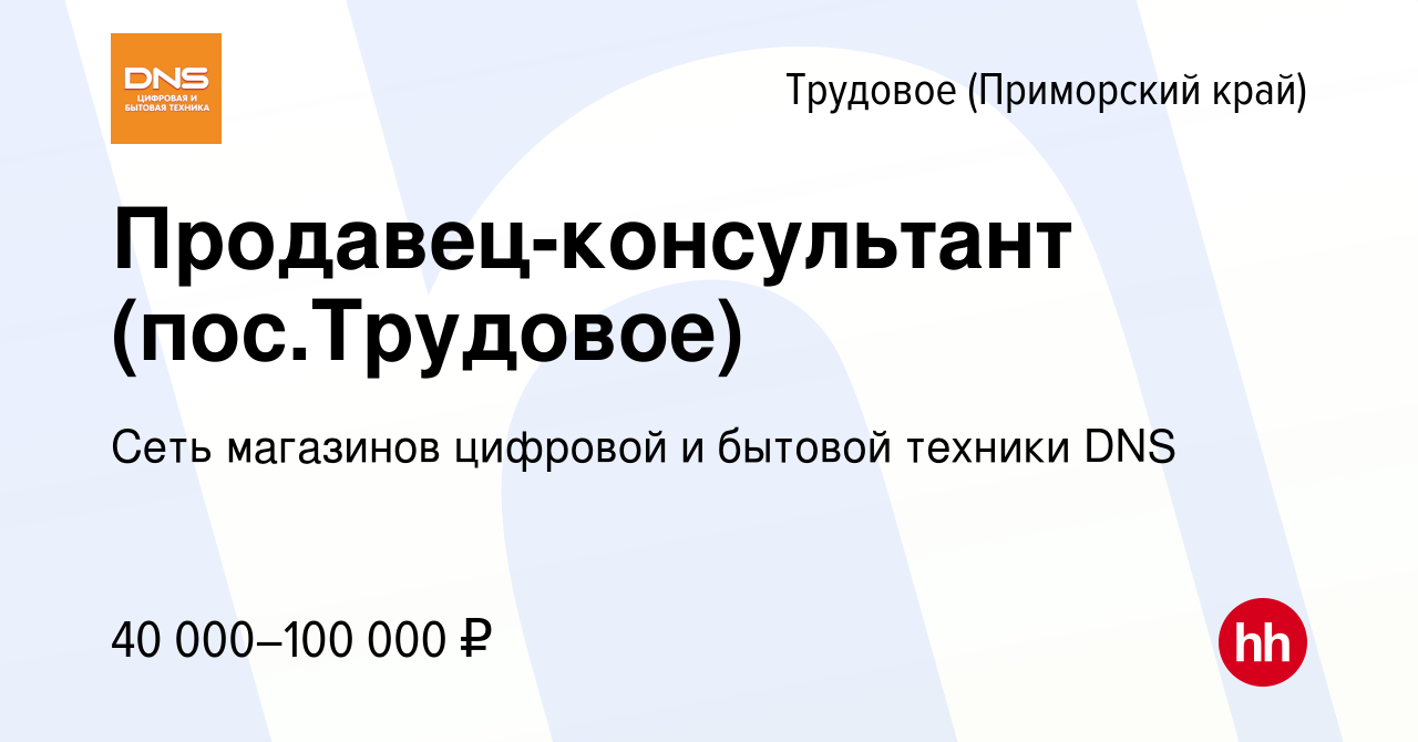 Вакансия Продавец-консультант (пос.Трудовое) в Трудовом (Приморский край),  работа в компании Сеть магазинов цифровой и бытовой техники DNS (вакансия в  архиве c 8 января 2024)