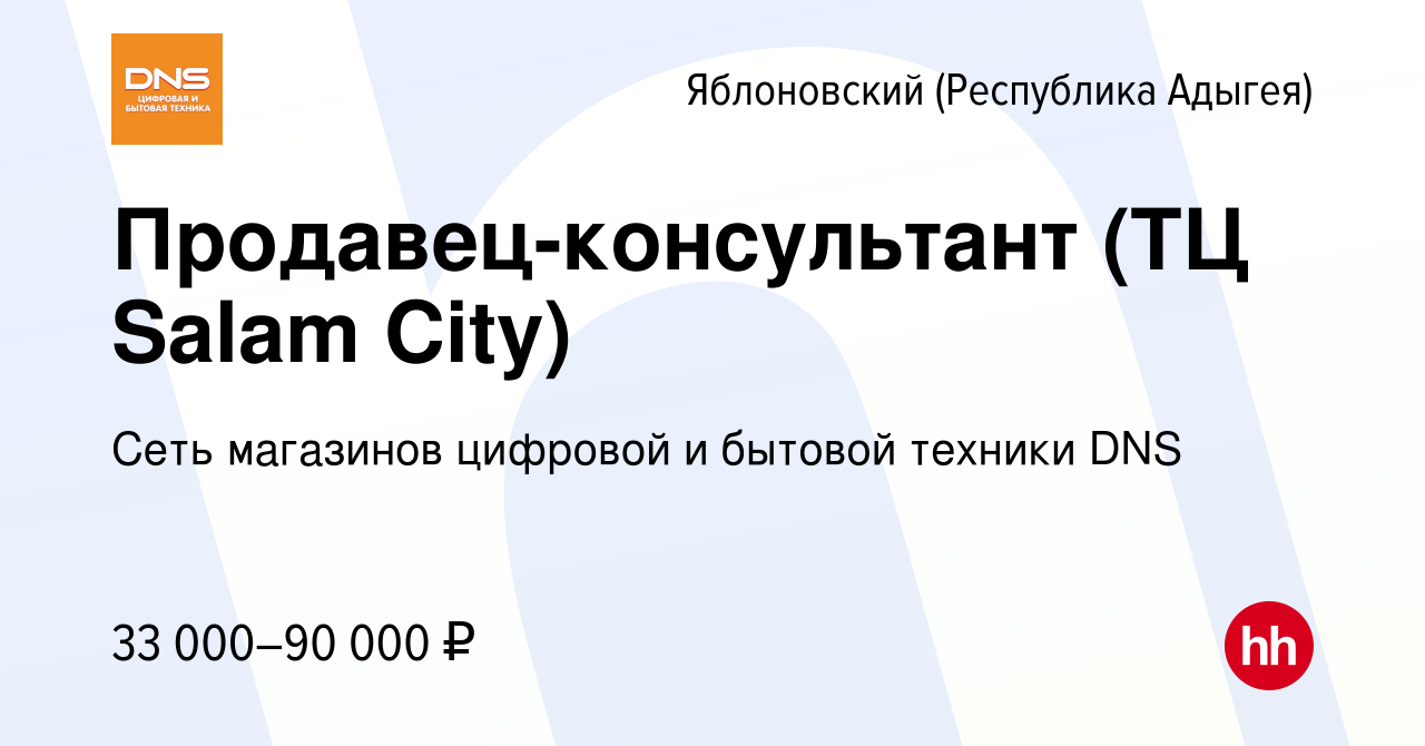 Вакансия Продавец-консультант (ТЦ Salam City) в Яблоновском (Республика  Адыгея), работа в компании Сеть магазинов цифровой и бытовой техники DNS  (вакансия в архиве c 19 мая 2023)