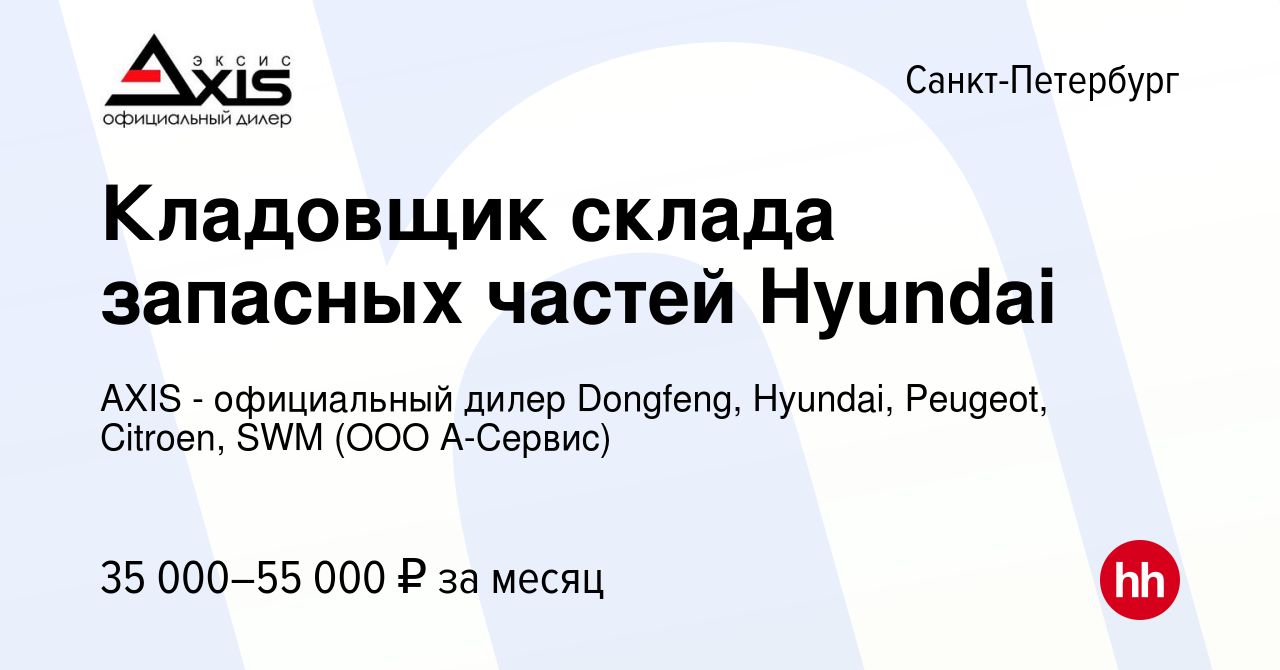 Вакансия Кладовщик склада запасных частей Hyundai в Санкт-Петербурге, работа  в компании AXIS - официальный дилер Dongfeng, Hyundai, Peugeot, Citroen  (ООО А-Сервис) (вакансия в архиве c 3 июня 2023)