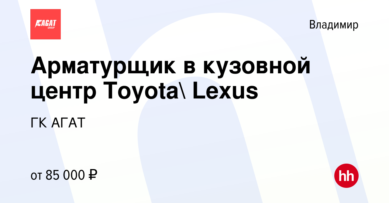 Вакансия Арматурщик в кузовной центр Toyota Lexus во Владимире, работа в  компании ГК АГАТ (вакансия в архиве c 29 августа 2023)