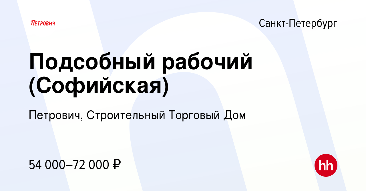 Вакансия Подсобный рабочий (Софийская) в Санкт-Петербурге, работа в  компании Петрович, Строительный Торговый Дом (вакансия в архиве c 19  февраля 2024)