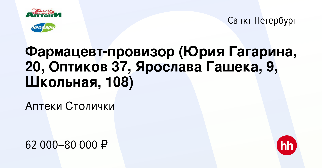 Вакансия Фармацевт-провизор (Юрия Гагарина, 20, Оптиков 37, Ярослава Гашека,  9, Школьная, 108) в Санкт-Петербурге, работа в компании Аптеки Столички  (вакансия в архиве c 17 июля 2023)