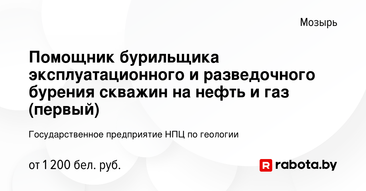 Вакансия Помощник бурильщика эксплуатационного и разведочного бурения  скважин на нефть и газ (первый) в Мозыре, работа в компании Государственное  предприятие НПЦ по геологии (вакансия в архиве c 17 июня 2023)