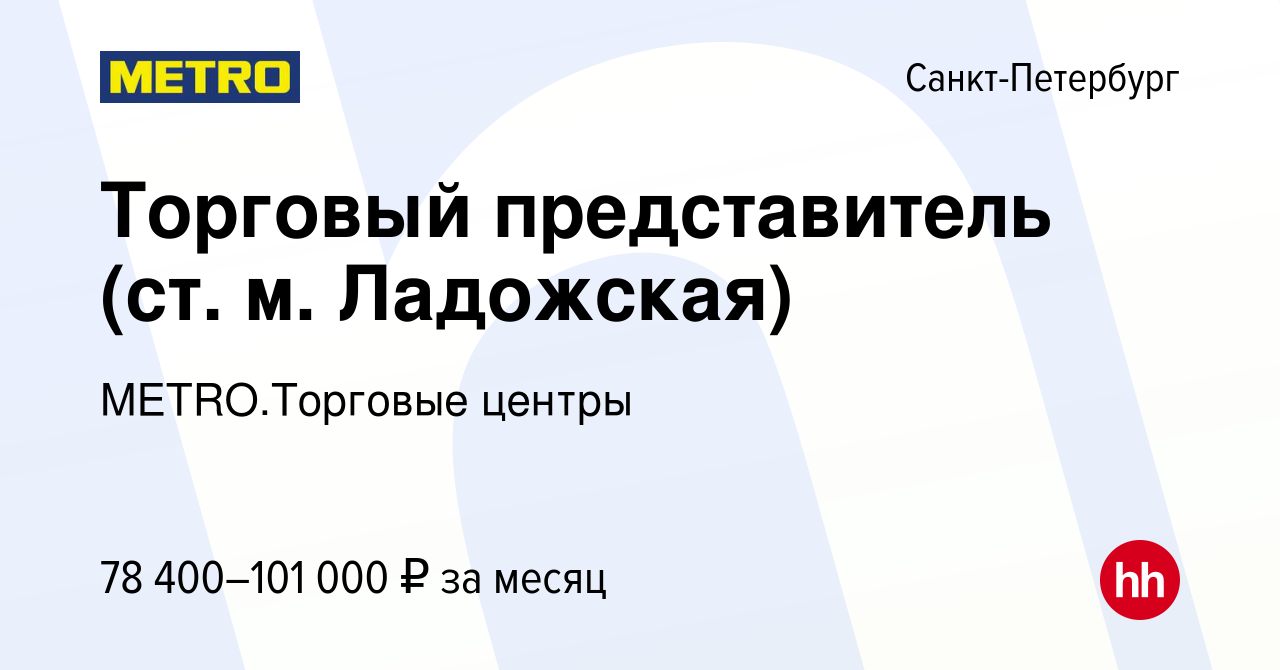 Вакансия Торговый представитель (ст. м. Ладожская) в Санкт-Петербурге,  работа в компании METRO.Торговые центры (вакансия в архиве c 6 июня 2023)