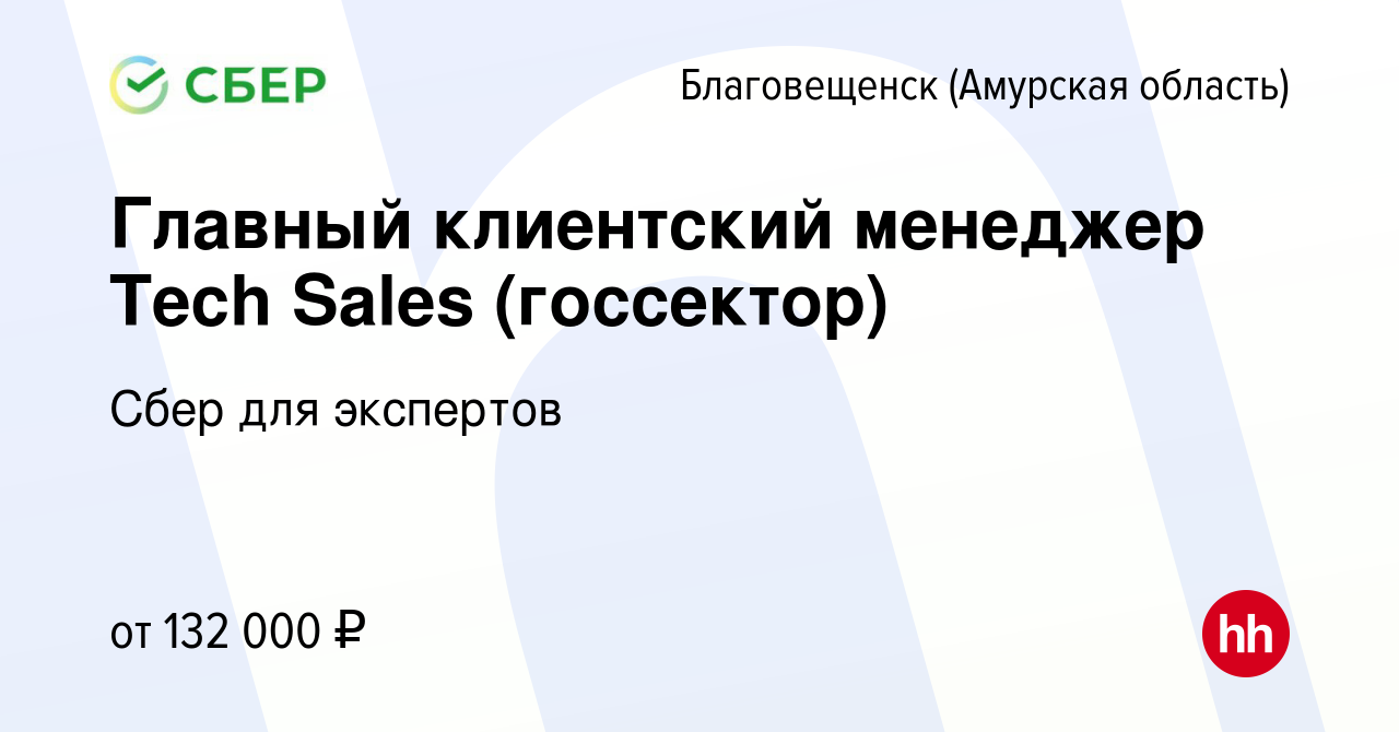 Вакансия Главный клиентский менеджер Tech Sales (госсектор) в  Благовещенске, работа в компании Сбер для экспертов (вакансия в архиве c 24  июня 2023)