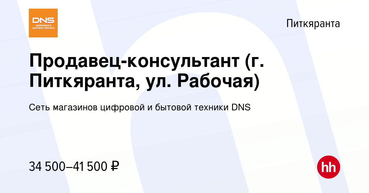 Вакансия Продавец-консультант (г. Питкяранта, ул. Рабочая) в Питкяранте,  работа в компании Сеть магазинов цифровой и бытовой техники DNS (вакансия в  архиве c 27 июля 2023)