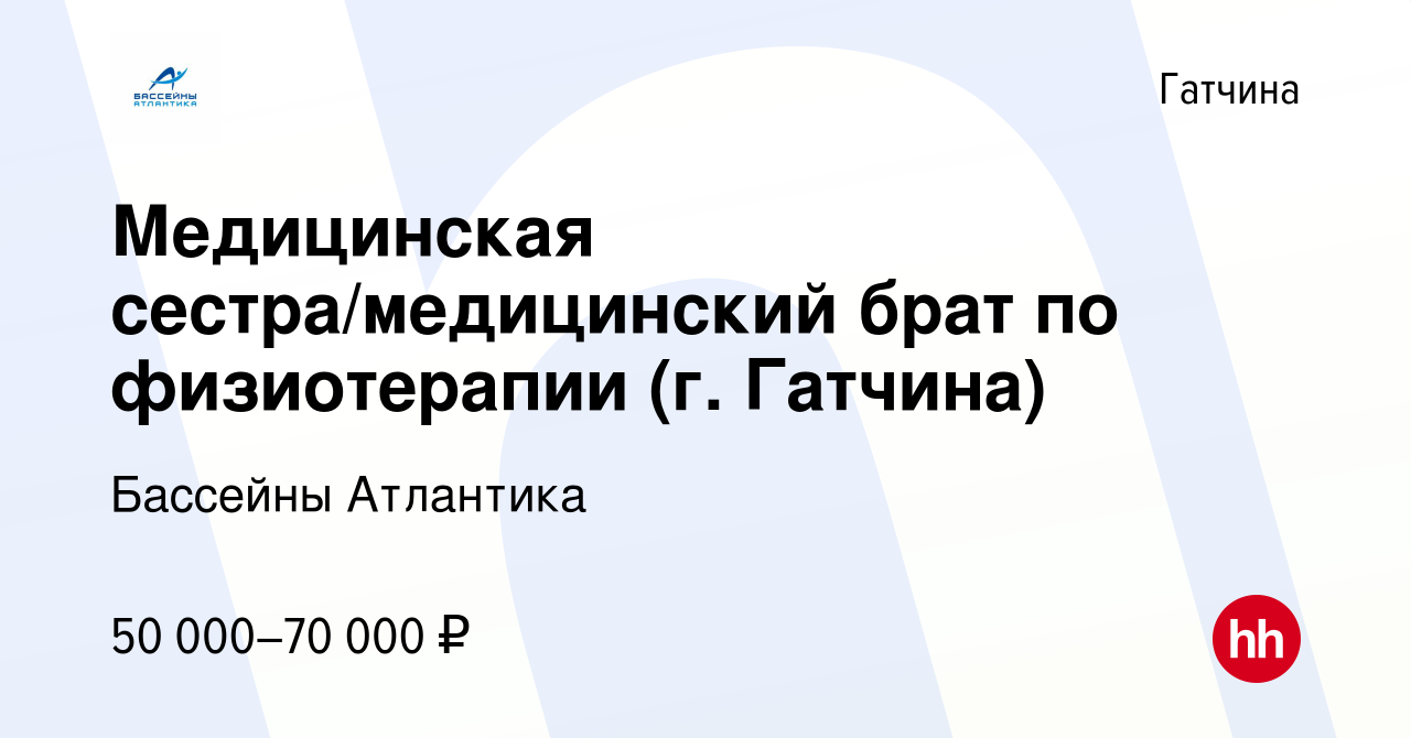 Вакансия Медицинская сестра/медицинский брат по физиотерапии (г. Гатчина) в  Гатчине, работа в компании Бассейны Атлантика (вакансия в архиве c 2  августа 2023)