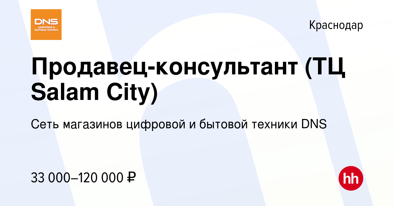 Вакансия Продавец-консультант (ТЦ Salam City) в Краснодаре, работа в  компании Сеть магазинов цифровой и бытовой техники DNS (вакансия в архиве c  19 июня 2023)