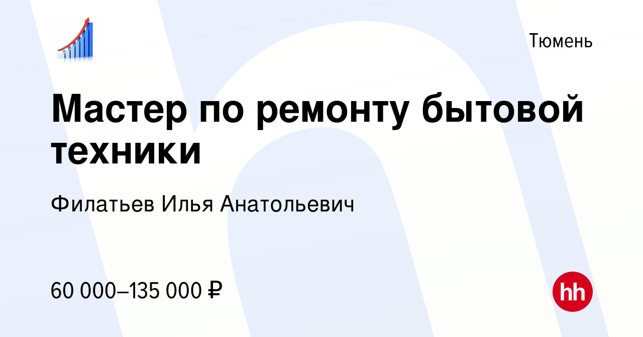 Вакансия Мастер по ремонту бытовой техники в Тюмени, работа в компании  Филатьев Илья Анатольевич (вакансия в архиве c 13 июля 2023)