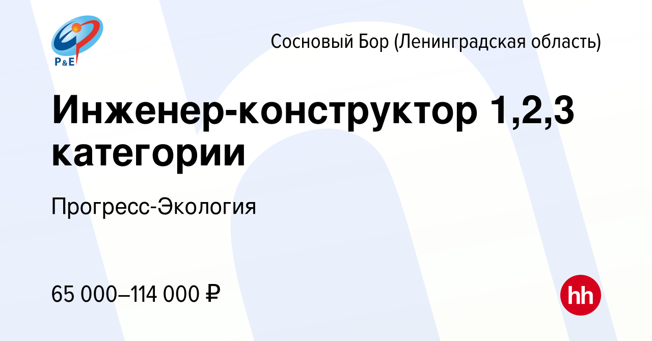 Вакансия Инженер-конструктор 1,2,3 категории в Сосновом Бору (Ленинградская  область), работа в компании Прогресс-Экология (вакансия в архиве c 12  октября 2023)