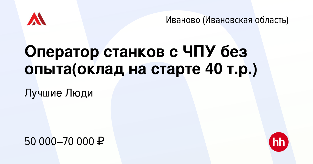 Вакансия Оператор станков с ЧПУ без опыта(оклад на старте 40 т.р.) в Иваново,  работа в компании Лучшие Люди (вакансия в архиве c 18 января 2024)